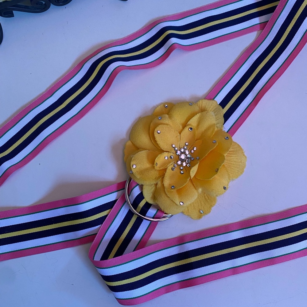 Belt - Striped Vintage Belt with Yellow Flower Accent